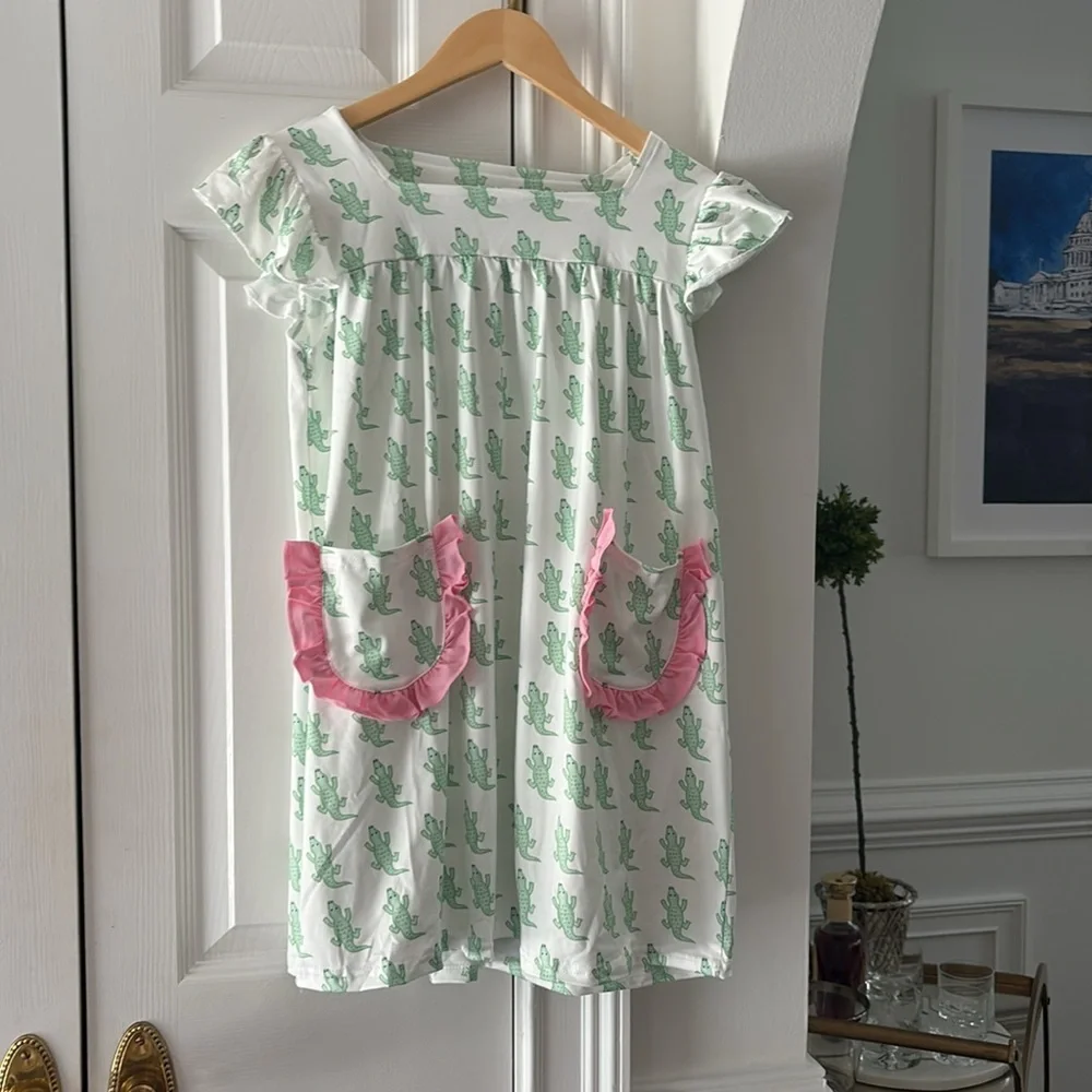NEW Milk Silk CROCODILE FLUTTER DRESS Puffy Short Sleeves Girls 4 XL/Age8-9 Tall